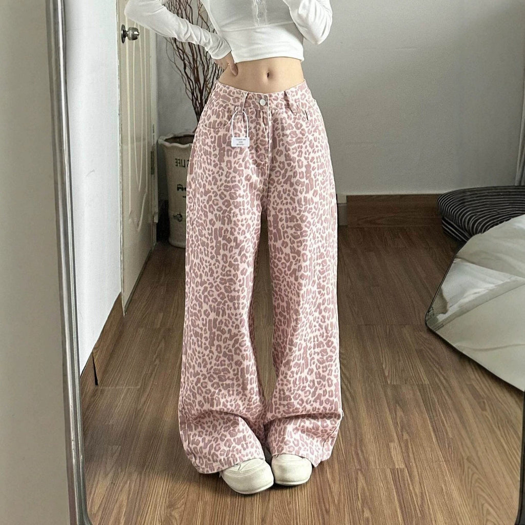Pink Leopard Print High Waist Wide Leg Baggy Denim Trousers