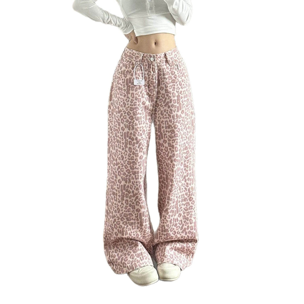 Pink Leopard Print High Waist Wide Leg Baggy Denim Trousers