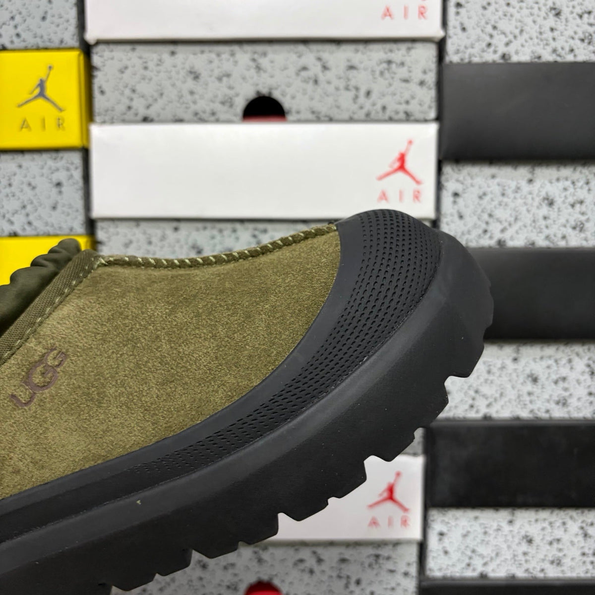 UGG Neumeel Deco Slip-On – Suede Moccasin Sneaker with Black Lug Sole & Tonal Drawstring in Olive