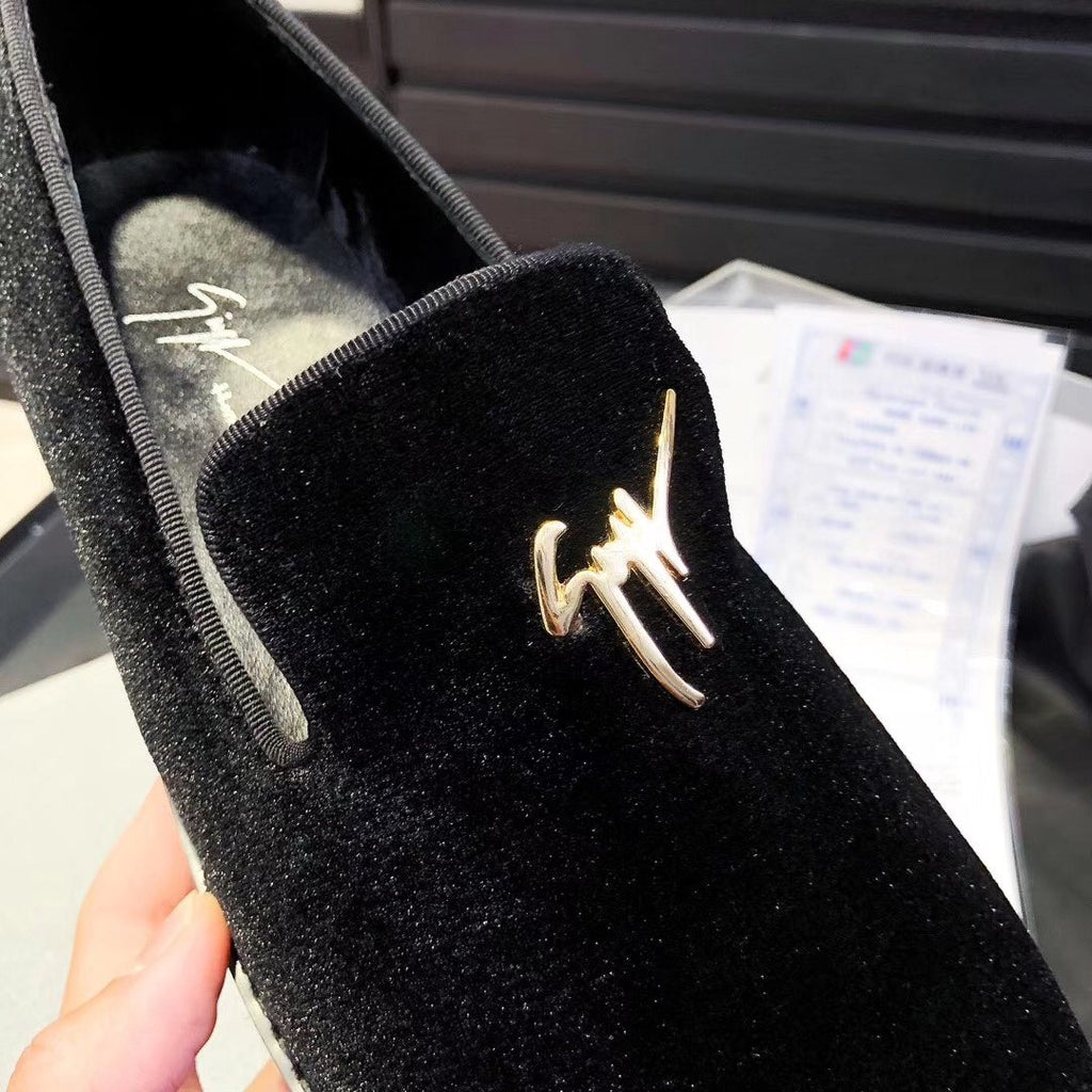 Giuseppe Zanotti Black Velvet Gold-Trim Slip-On Shoes