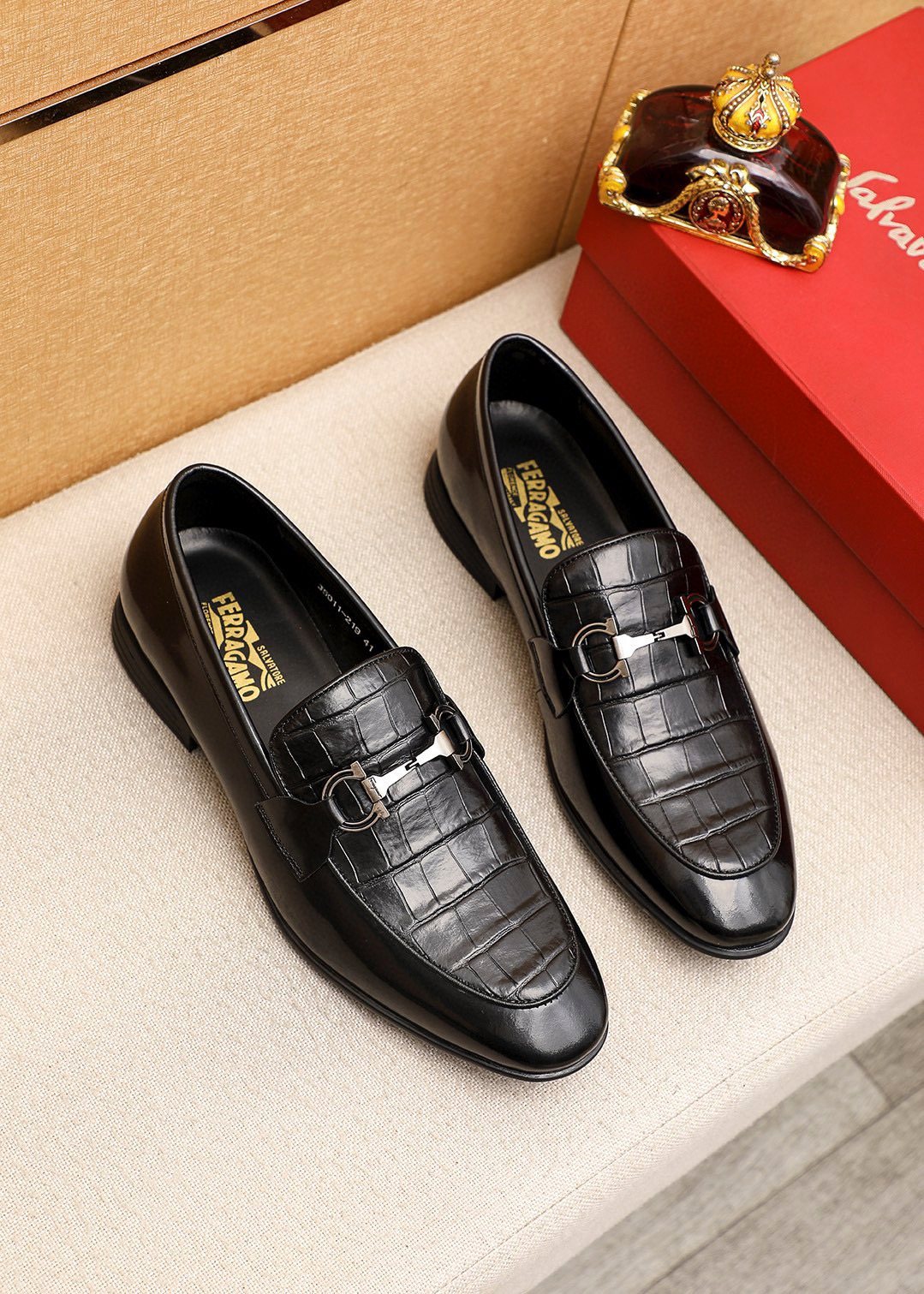 Ferragamo Black Embossed Buckle Loafers - Metal-Tone Vamp Buckle