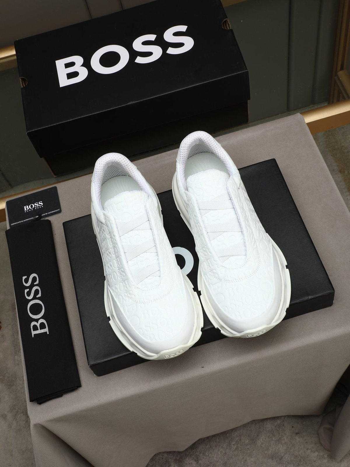 BOSS White Embossed Low-Top Sneakers