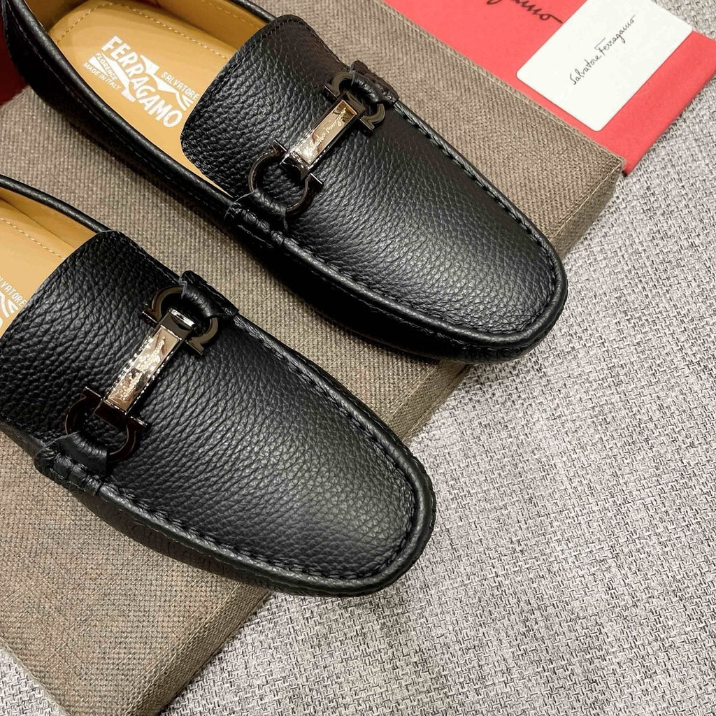 Salvatore Ferragamo Black Textured Driving Loafers