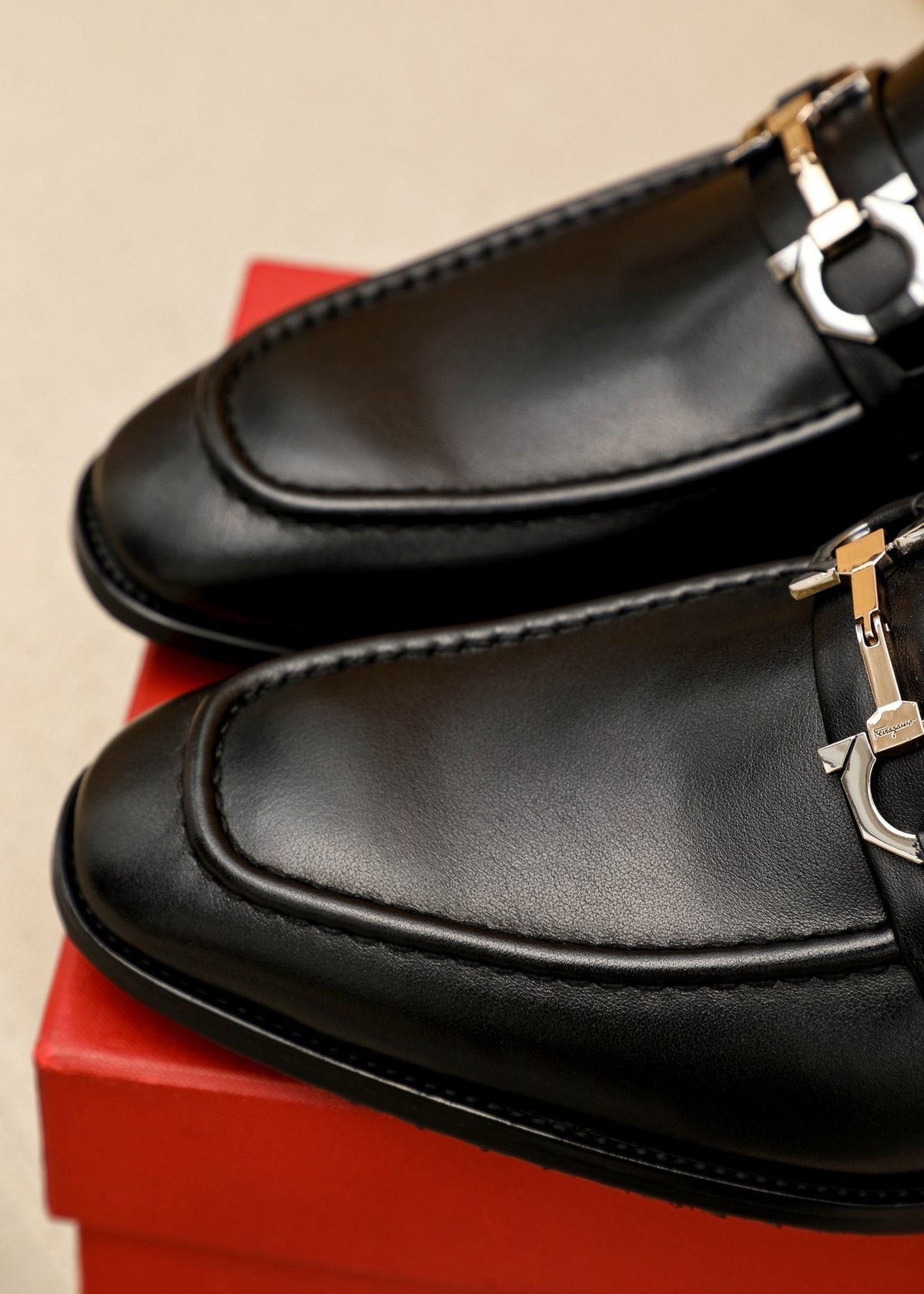 Salvatore Ferragamo Men's Black Buckle Loafers - Polished Metal Buckle Detail