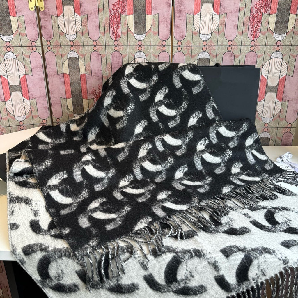 Chanel Black Fringed Patterned Scarf