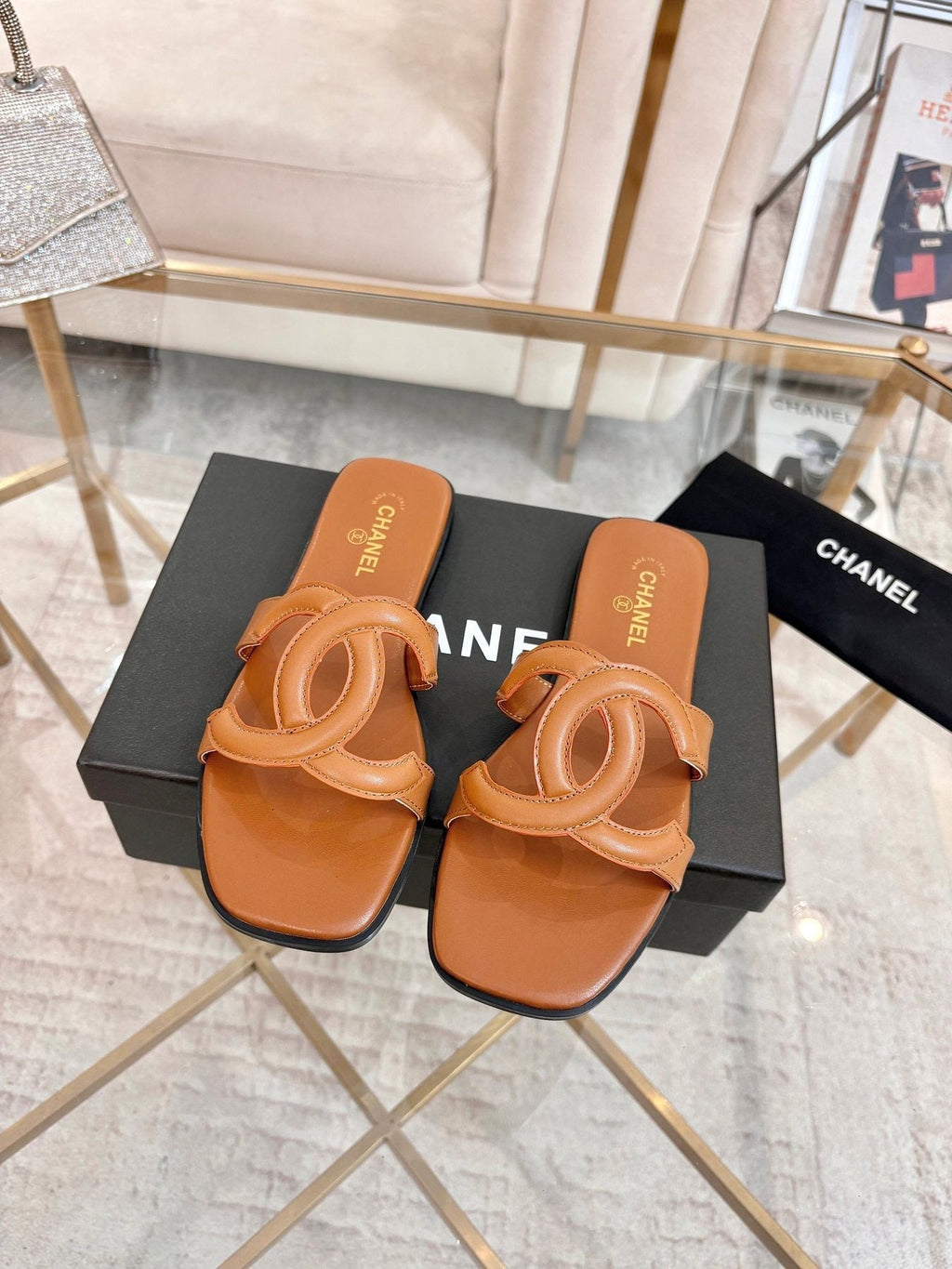 Chanel Embossed Logo Slide Sandals